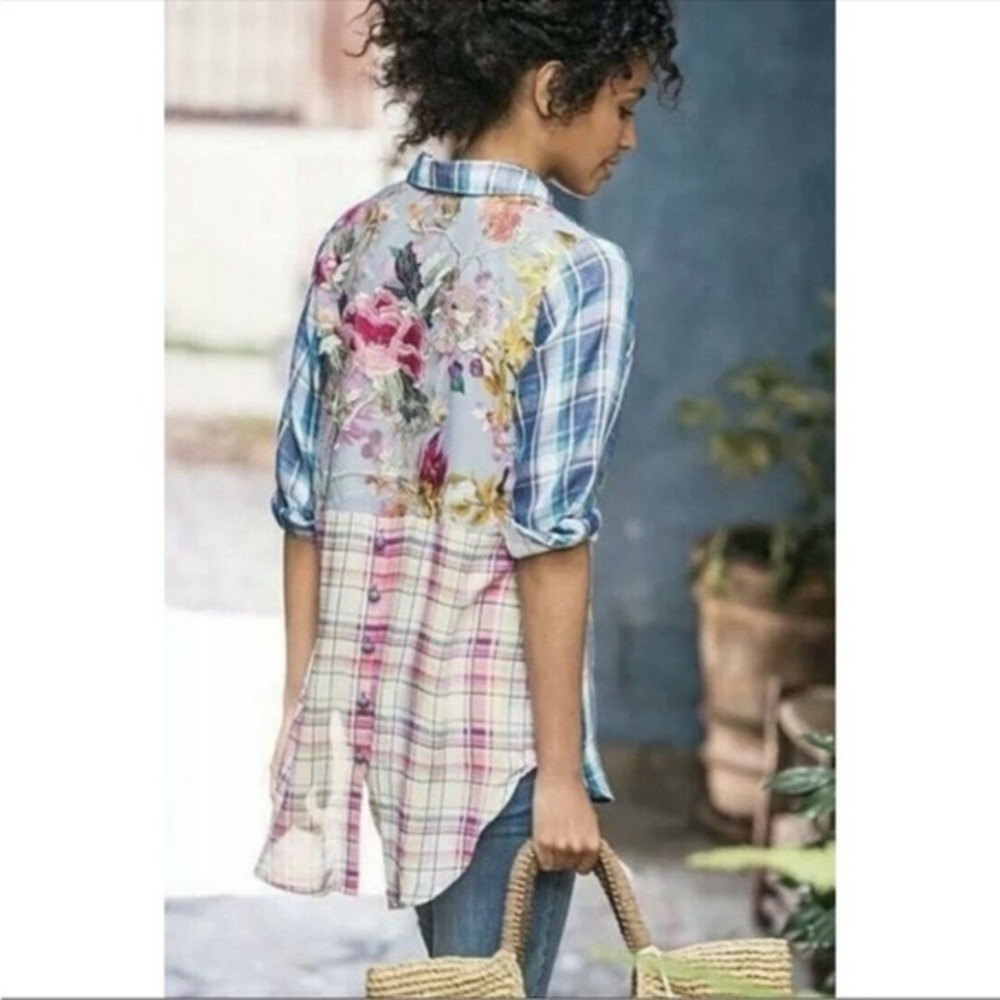 Soft Surroundings Blue Floral & Plaid Button-Back Shirt